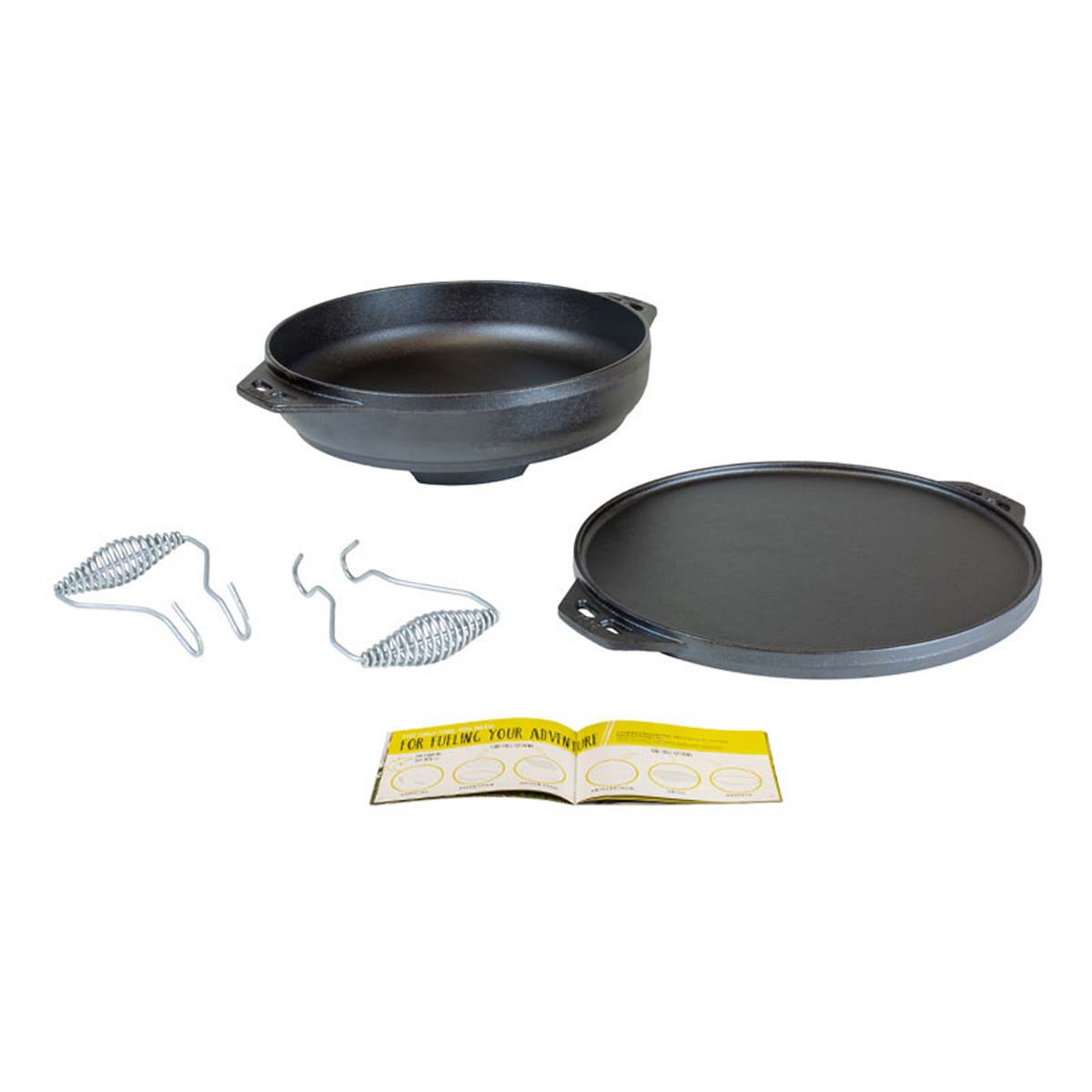 Lodge L14CIA Cast Iron Cook-It-All Kit. Five-Piece Cast Iron Set includes a Reversible Grill/Griddle 14 Inch. 6.8 Quart Bottom/Wok. Two Heavy Duty Handles. and a Tips & Tricks Booklet.