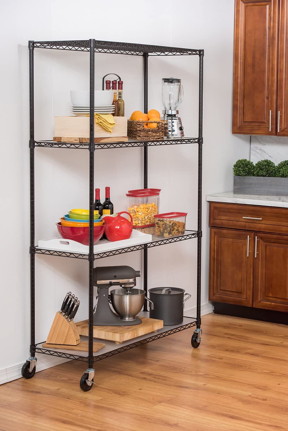 TRINITY 4-Tier Wire Shelving Rack. 48 x 18 x 72. NSF. Includes Wheels and Liners. Black