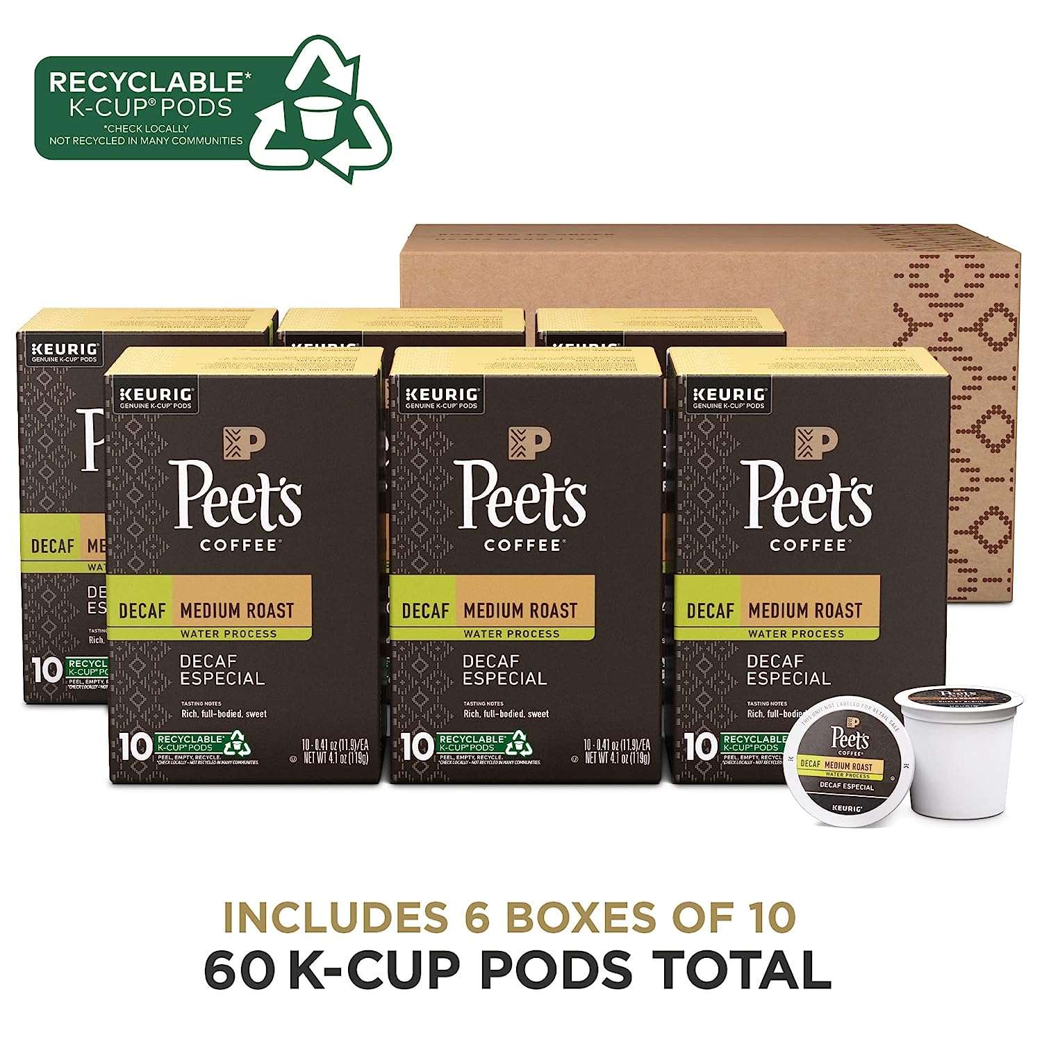 Peet-s Coffee. Medium Roast Decaffeinated Coffee K-Cup Pods for Keurig Brewers - Decaf Especial 60 Count (6 Boxes of 10 K-Cup Pods)