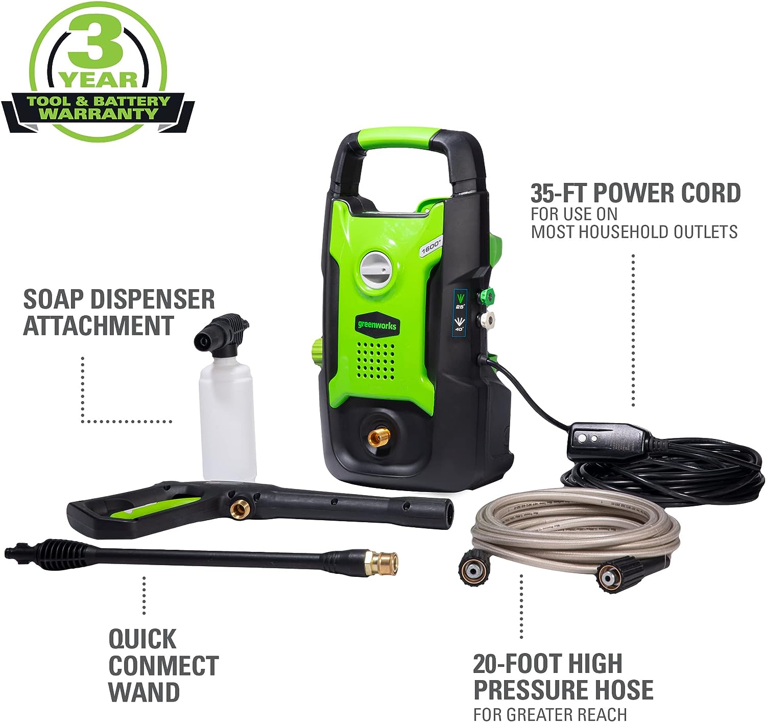 Greenworks 1600 PSI (1.2 GPM) Electric Pressure Washer (Ultra Compact / Lightweight / 20 FT Hose / 35 FT Power Cord) Great For Cars. Fences. Patios. Driveways
