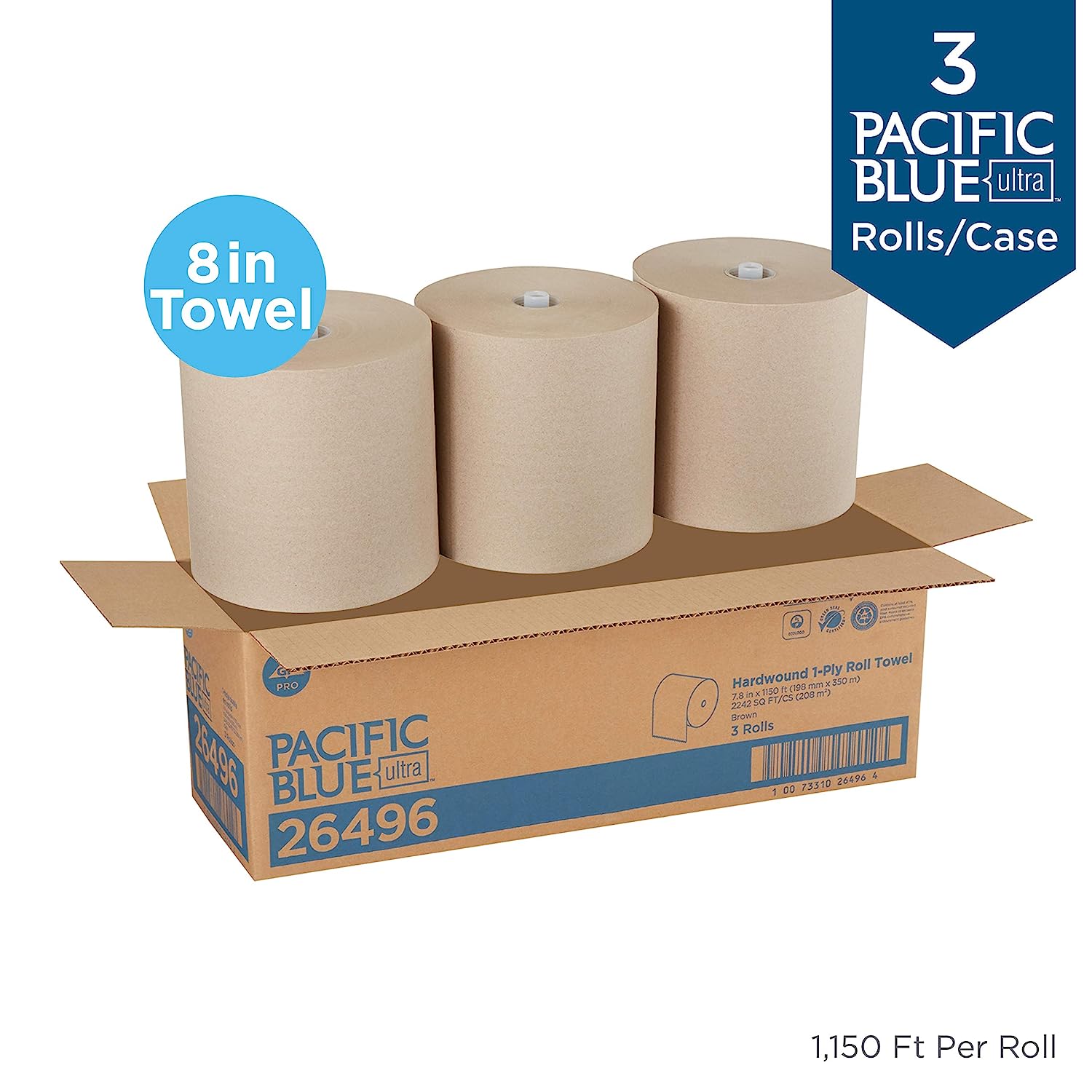 Pacific Blue Ultra 8″ High-Capacity Recycled Paper Towel Rolls by GP PRO (Georgia-Pacific); Brown; 26496; 1;150 Linear Feet Per Roll; 3 Rolls Per Case