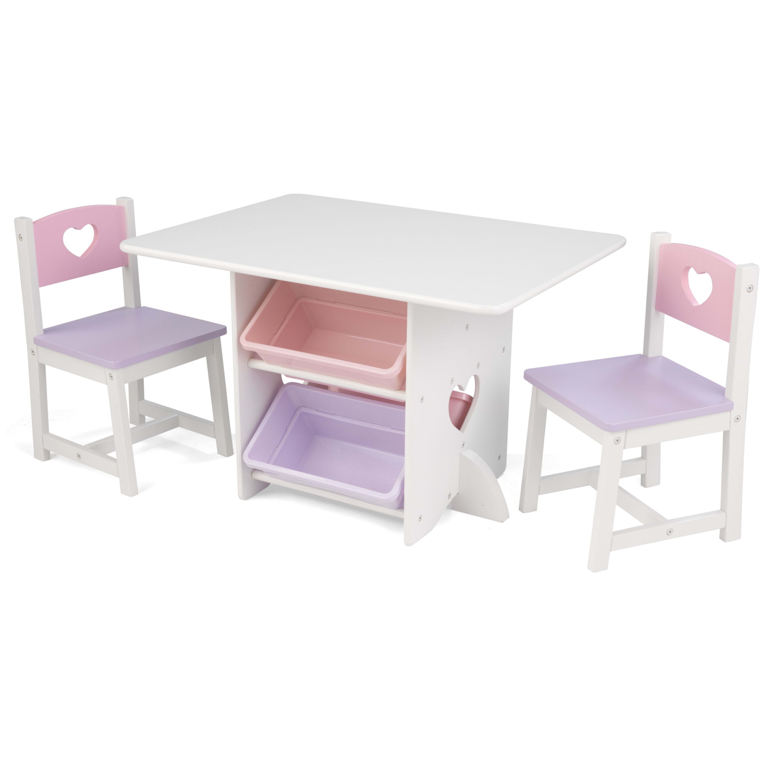 KidKraft Wooden Heart Table & Chair Set with 4 Bins. Pink. Purple & White