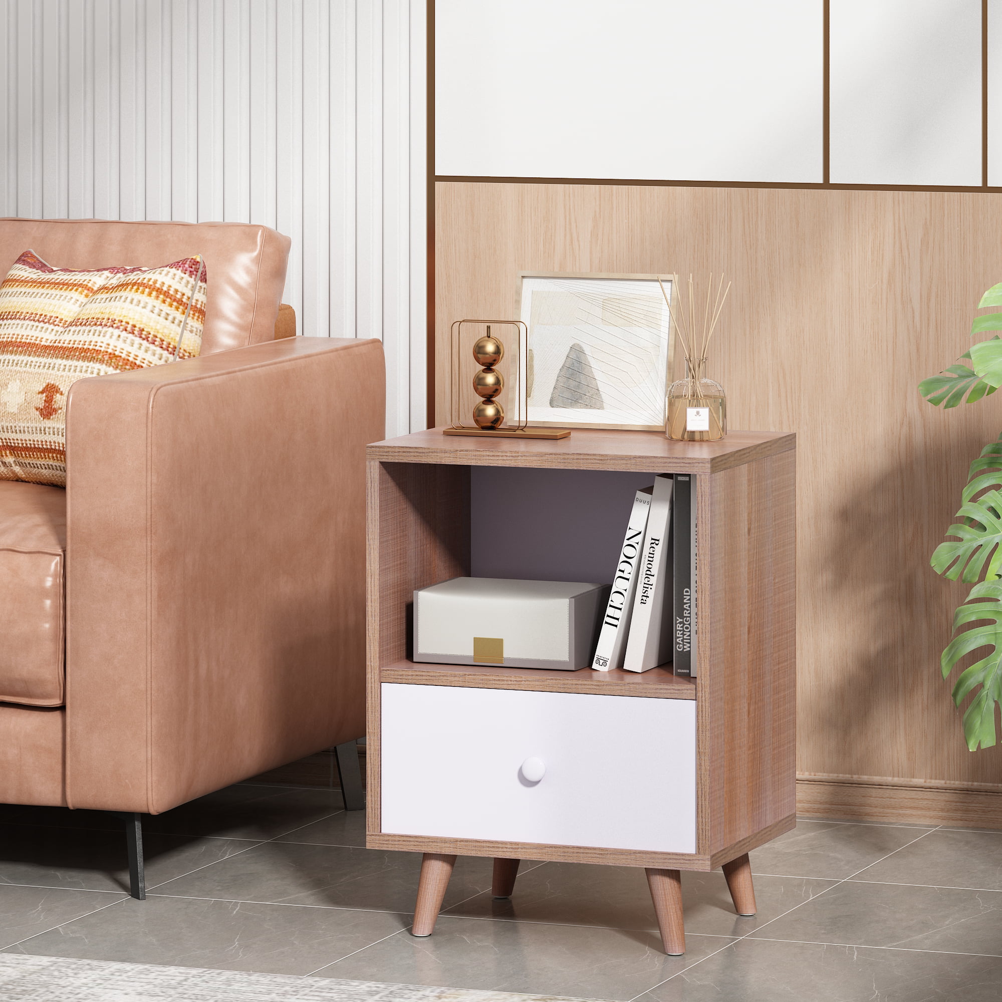 Jaxpety NightStand Bedside Table Furniture Open Storage with Drawer for Bedroom.Living Room.Home