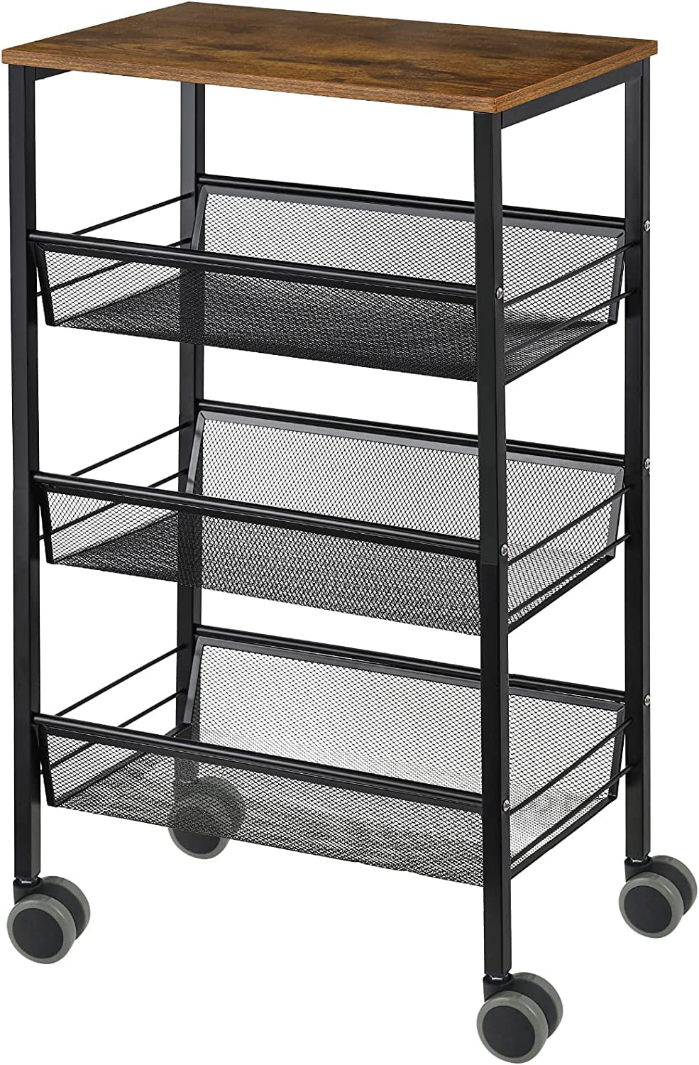 Kitchen Utility Rolling Cart. Storage Organizer with Wheels. 4-Ply Farmhouse Service Cart Stand (Black + Fire Color)