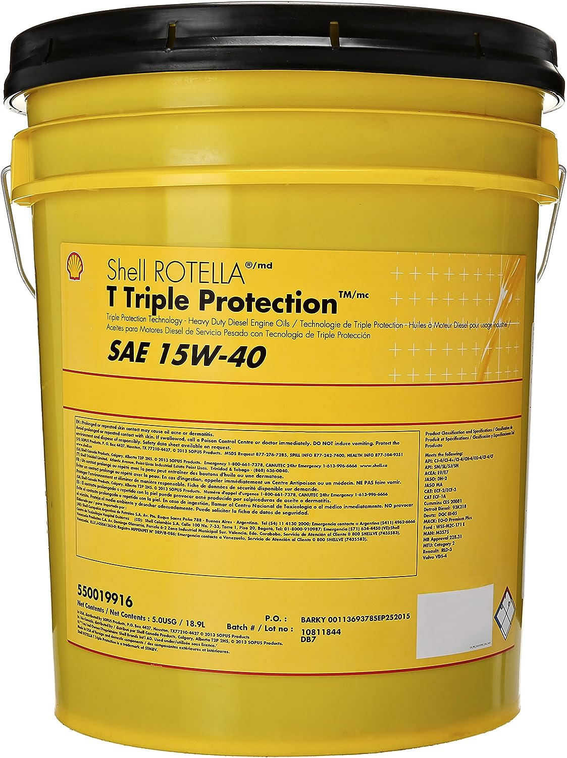 Shell Rotella 550019916 T Triple Protection 15W-40 Heavy Duty Engine Oil -1-5 Gallon Pail