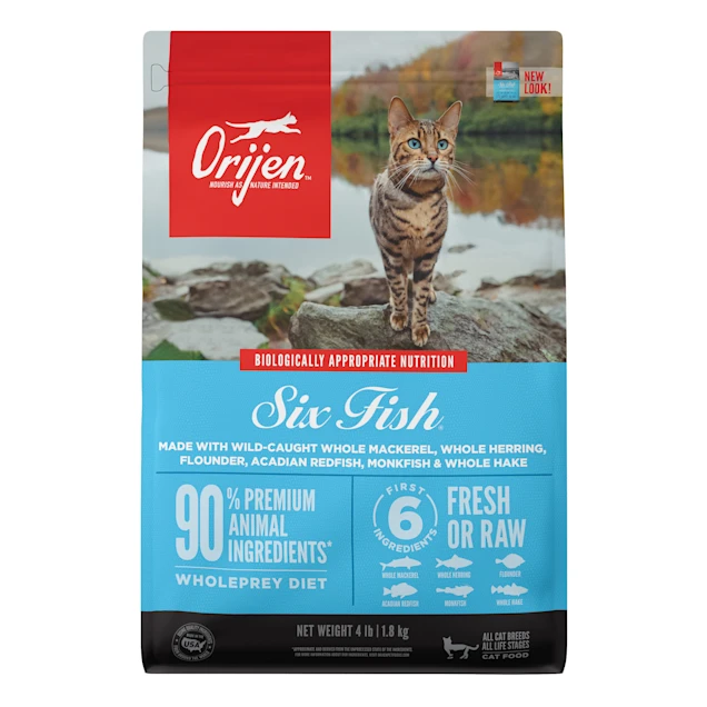 ORIJEN Grain Free Six Fish Premium High Protein Fresh & Raw Animal Ingredients Dry Cat Food. 4 lbs.