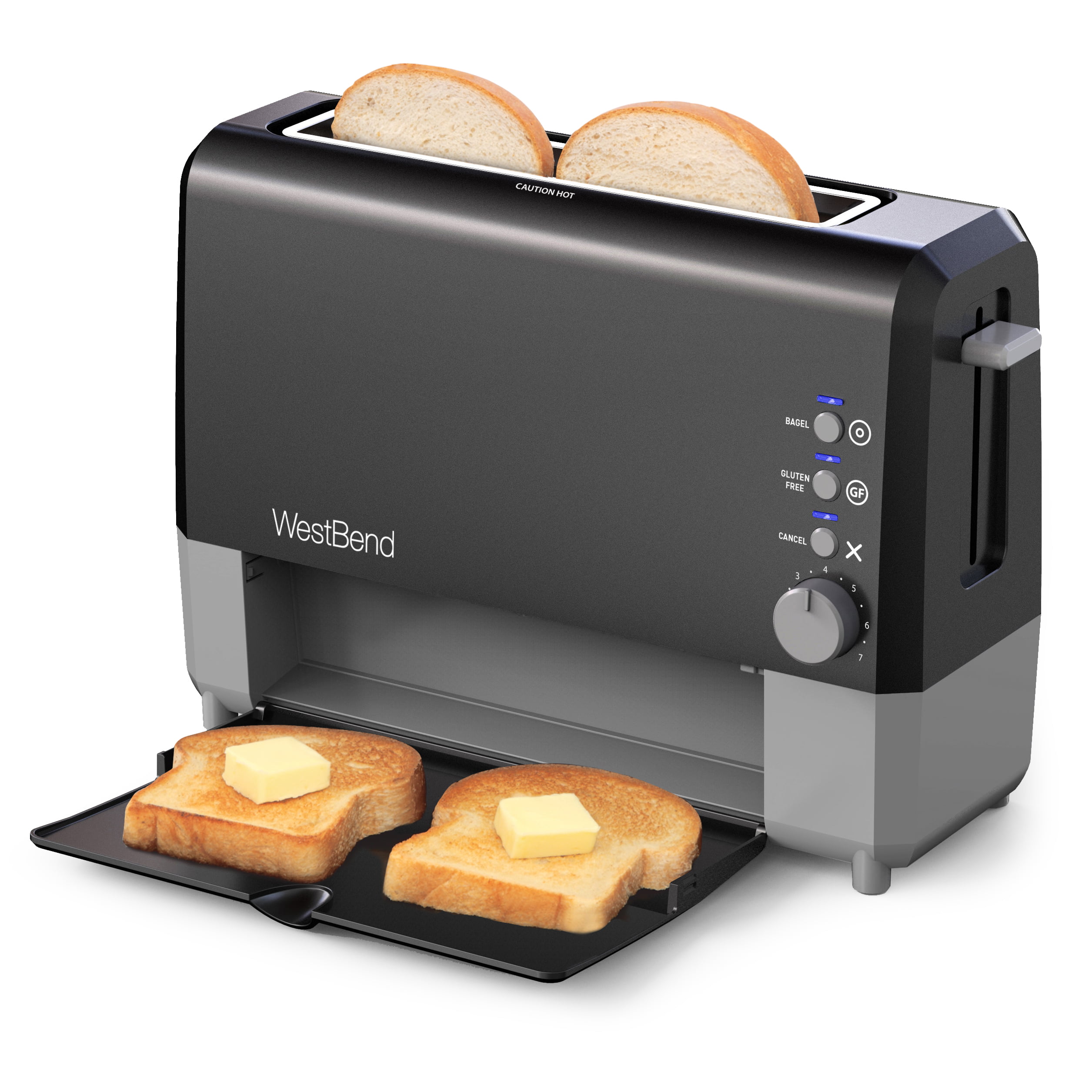 West Bend 77224 Quick Serve Slide Through Wide-Slot Toaster with Cool Touch Exterior & Removable Crumb Tray. 2-Slice. Black