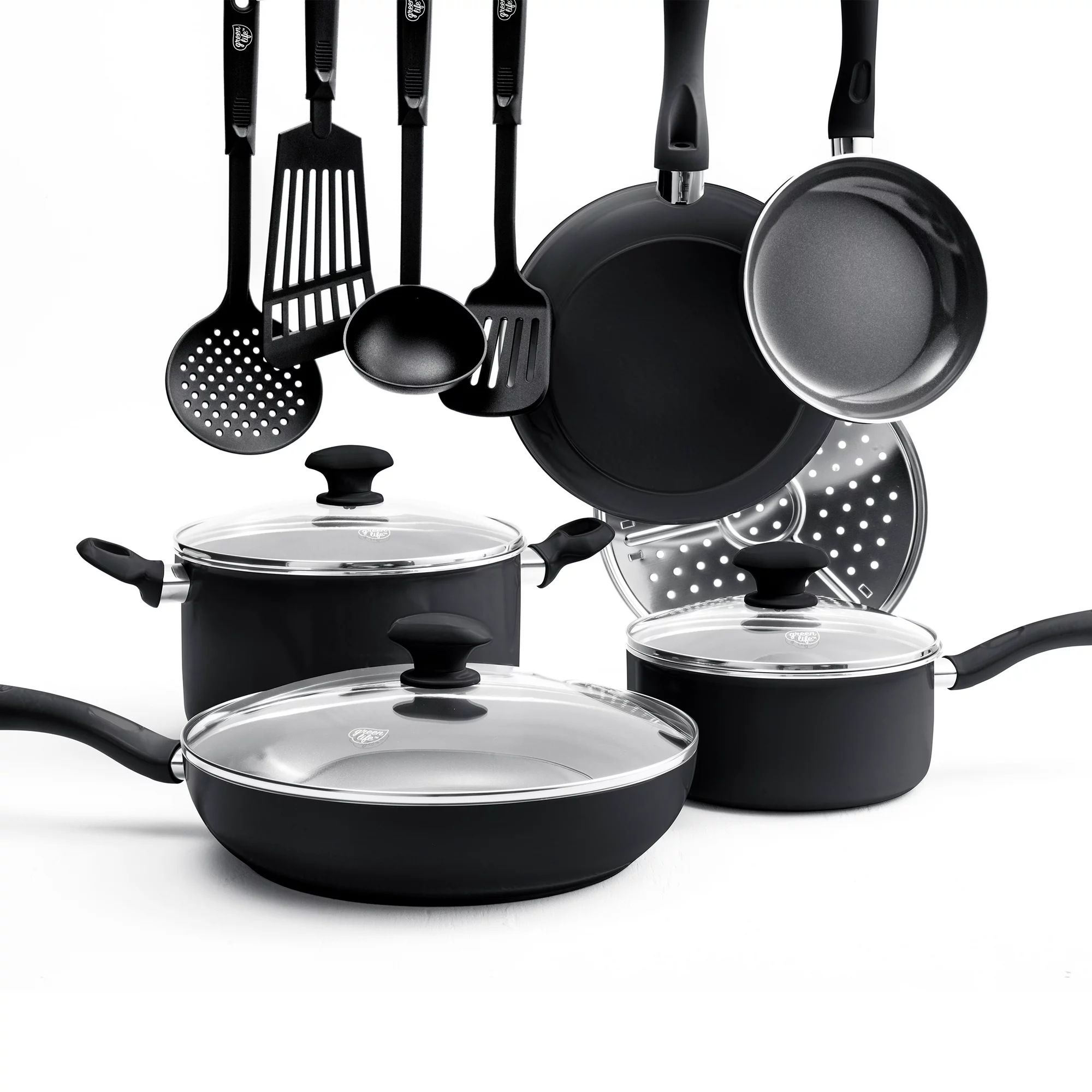Greenlife Diamond Ceramic Non-stick 13 Piece Cookware Set. Black
