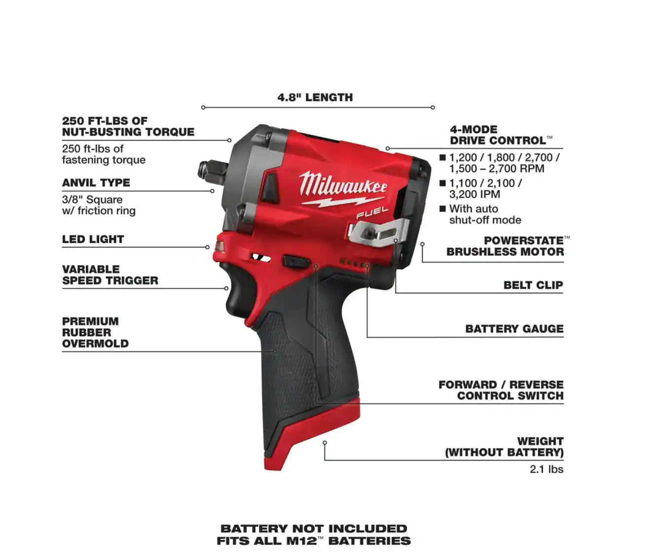Milwaukee 2554-20-2564-20-2567-20 M12 FUEL 12V Li-Ion Brushless Cordless Stubby 3/8 in