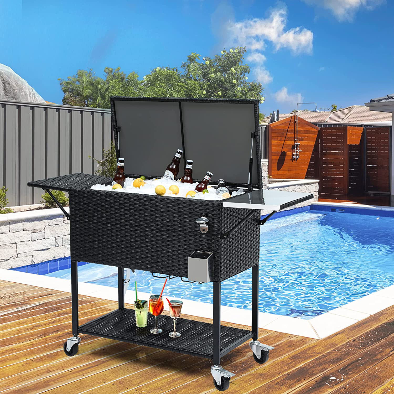 YITAHOME 80 Quart Wicker Rolling Cooler Cart with Bottle Opener Drainage. Portable Patio Cooler Rolling on Wheels. Outdoor Rolling Beverage Cart Drink Cooler for Patio Pool Deck Party Cookouts. Black