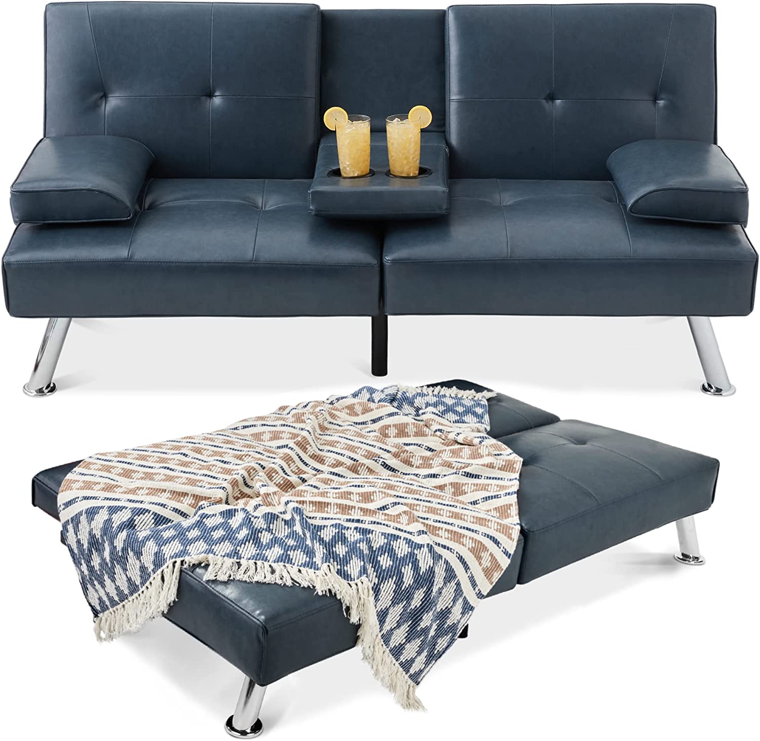 Best Choice Products Faux Leather Upholstered Modern Convertible Folding Futon Sofa Bed for Compact Living Space. Apartment. Dorm. Bonus Room w/Removable Armrests. Metal Legs. 2 Cupholders - Blue