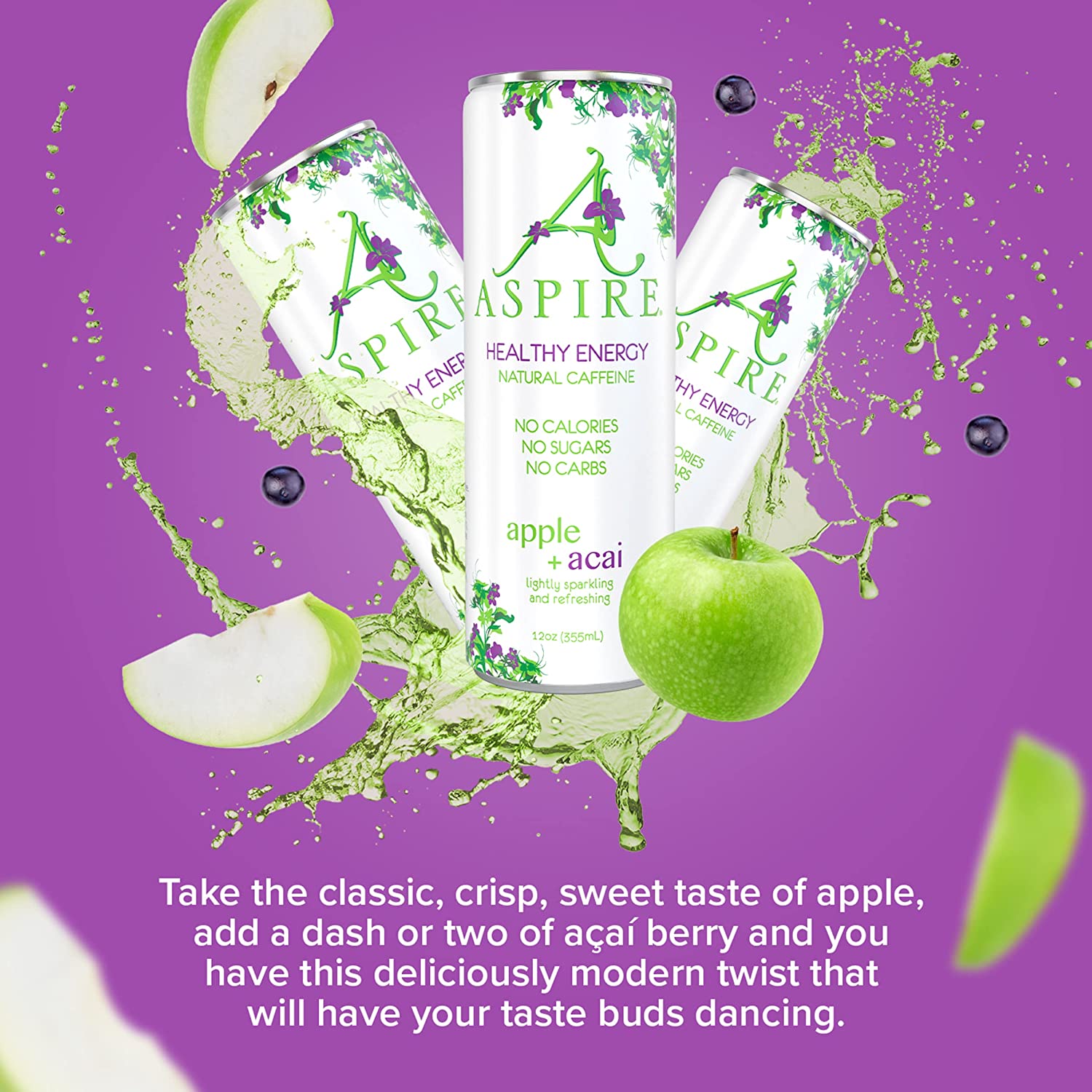Aspire Healthy Energy Drink. Apple Acai (Pack of 12) 12 oz Cans. Natural Caffeine and Zero Sugar. Coffee Substitute. Vitamins B & C. Keto. Vegan. and Kosher Friendly