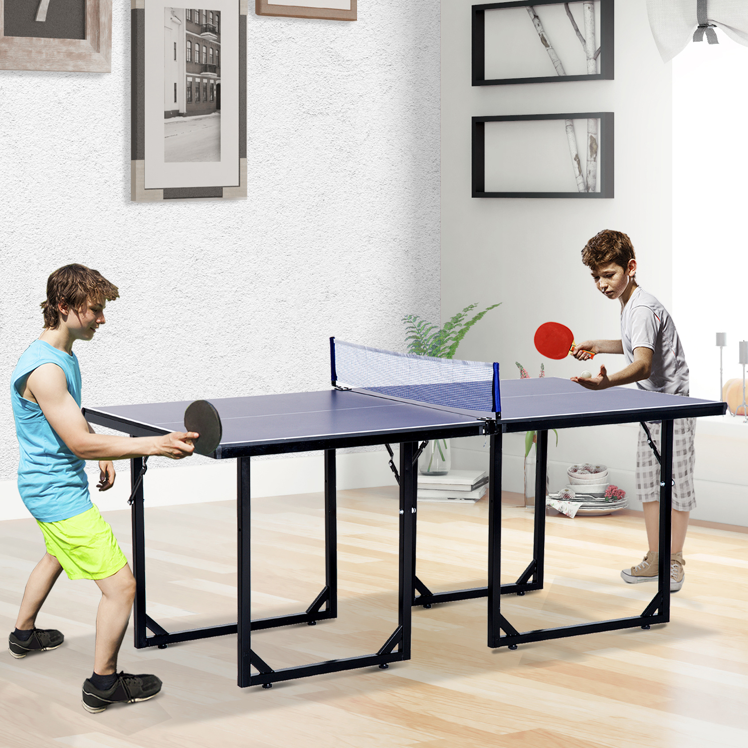Soozier 6′ x 3′ Foldable Ping Pong Table Set with 2 Table Halves for Party Use. Space-Saving Mid-Size Table Tennis for Small Living Spaces. Basement Games. Sports Gifts