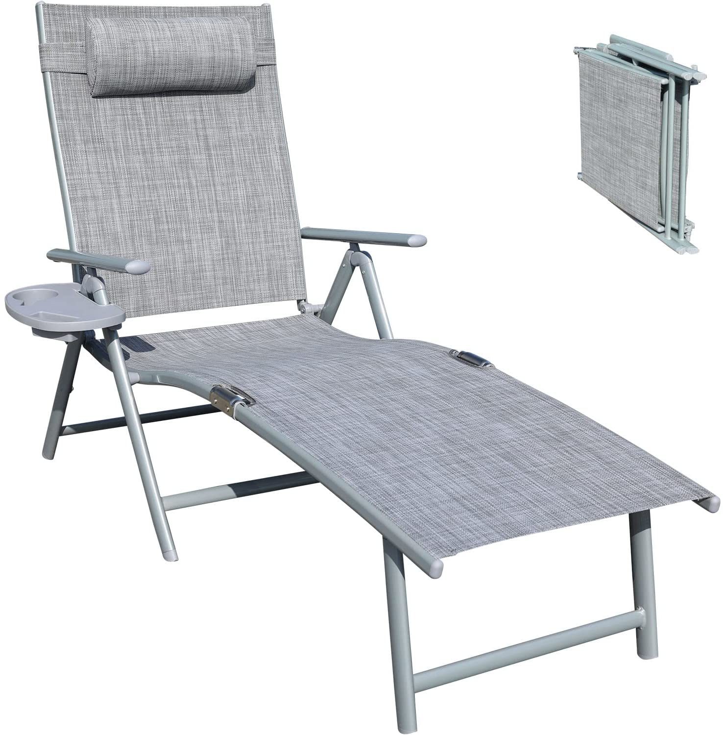GOLDSUN Aluminum Outdoor Folding Reclining Adjustable Chaise Lounge Chair with Cup Holder for Outdoor Patio Beach Porch Swimming Poolside (Single. Grey)