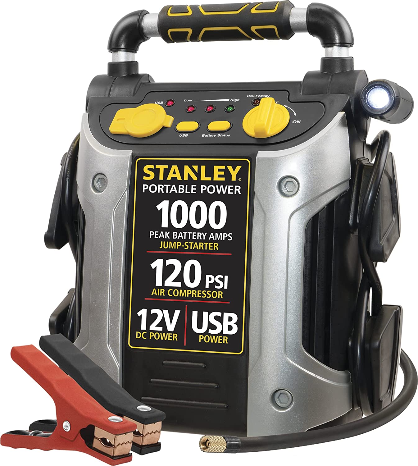 STANLEY J5C09 Portable Power Station Jump Starter 1000 Peak Amp Battery Booster. 120 PSI Air Compressor. USB Port. Battery Clamps