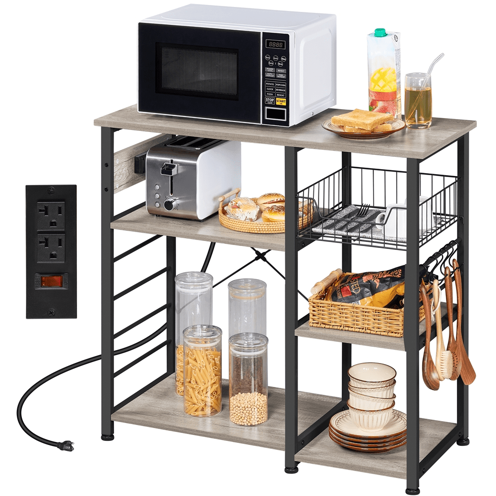 SmileMart Vintage Kitchen Island Baker-s Rack Storage with Power Outlet Utility. Gray