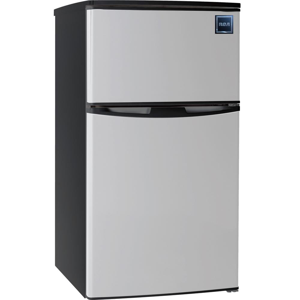 RCA 3.2 Cu. Ft. Two Door Compact Refrigerator with Freezer RFR834. Stainless Steel
