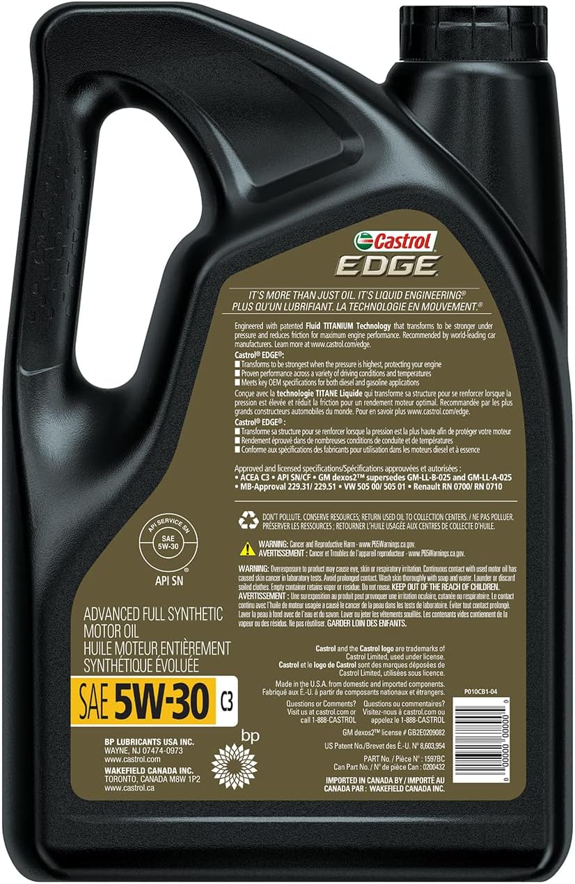 Castrol 03559 Edge 5W-30 C3 Advanced Full Synthetic Motor Oil. 5 Quart. 3 Pack