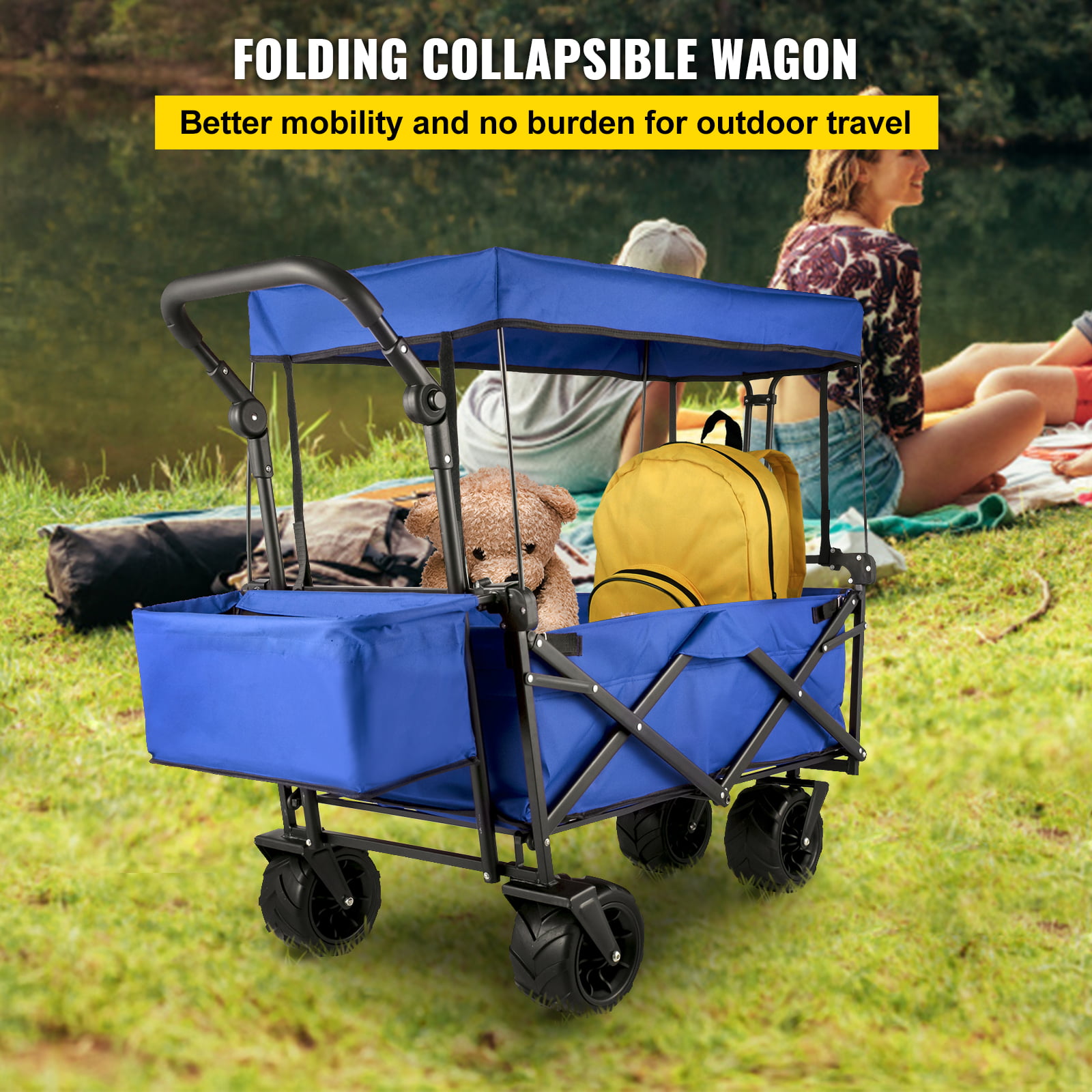 VEVORbrand Collapsible Wagon Cart Blue. Removable Canopy 600D Oxford Cloth. Portable Folding Wagon Adjustable Handles
