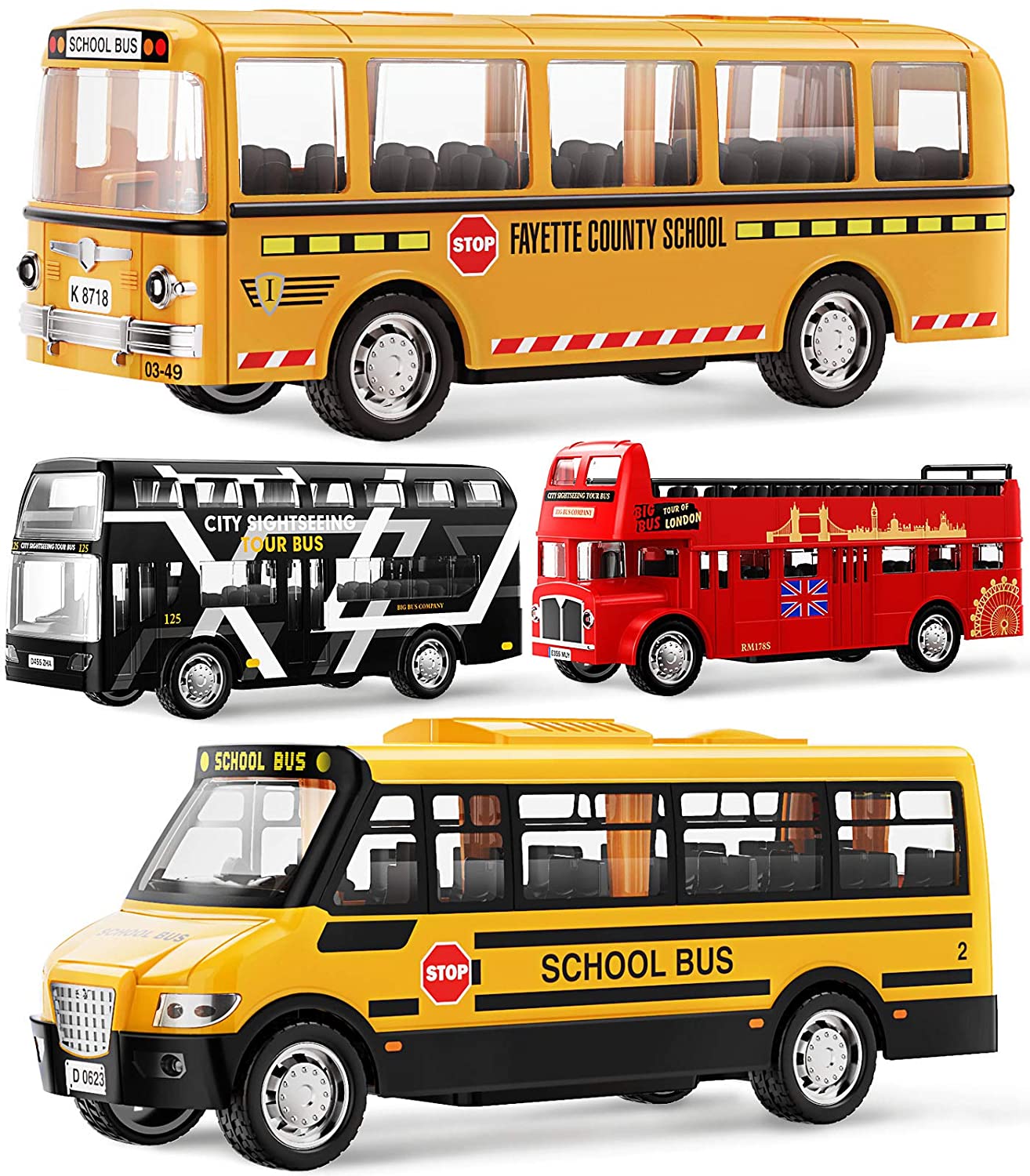 Geyiie Bus Toys for Kids. School Bus. City Bus London. 4 Pack