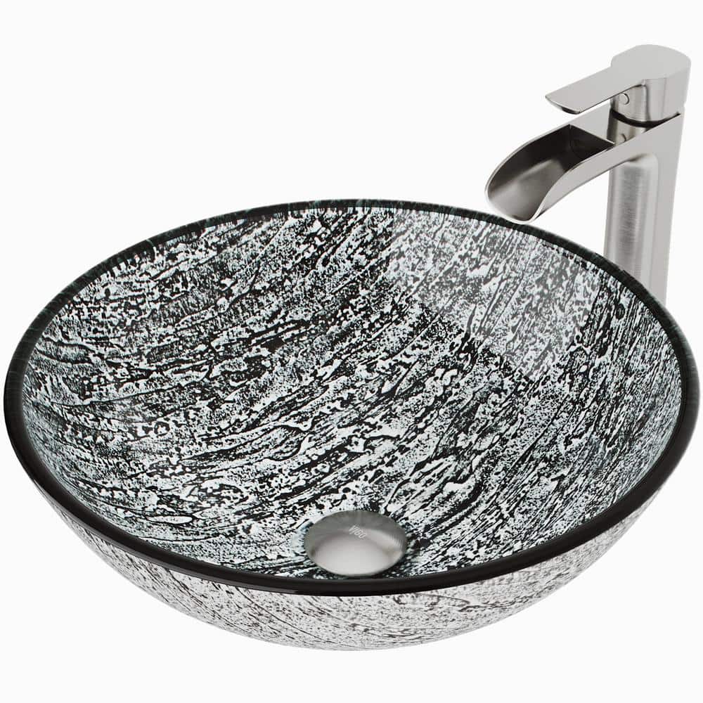 VIGO VG07050 Glass Round Vessel Bathroom Sink in Titanium Gray with Faucet in Brushed Nickel
