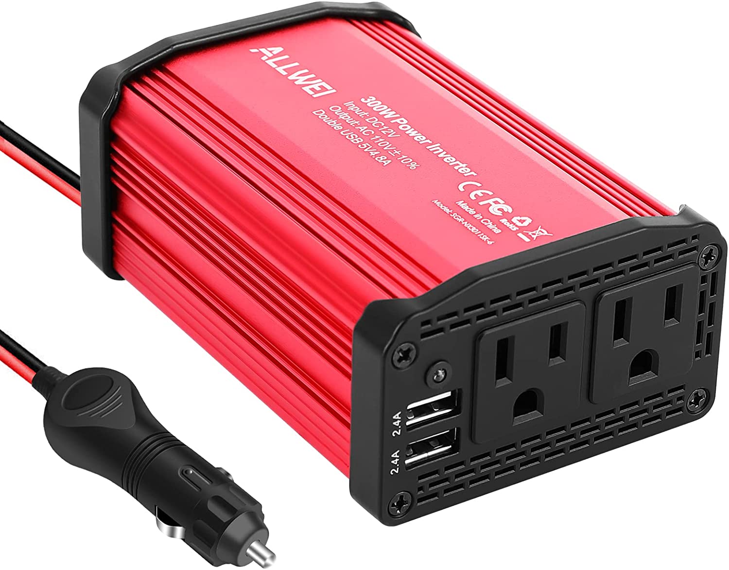 ALLWEI 300W Power Inverter Car DC 12V to 110V AC Converter 4.8A Dual USB Charging Ports Car Charger Adapter (Red)
