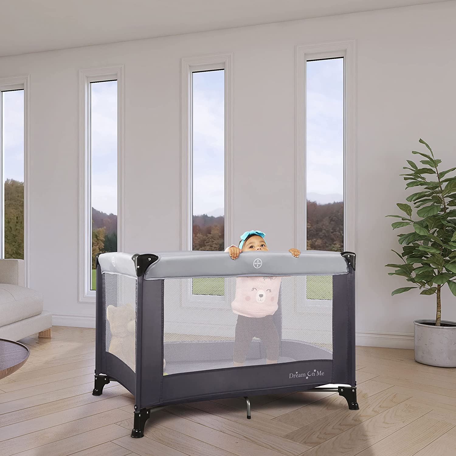 Dream On Me Nest Portable Play Yard With Carry Bag And Shoulder Strap. Grey