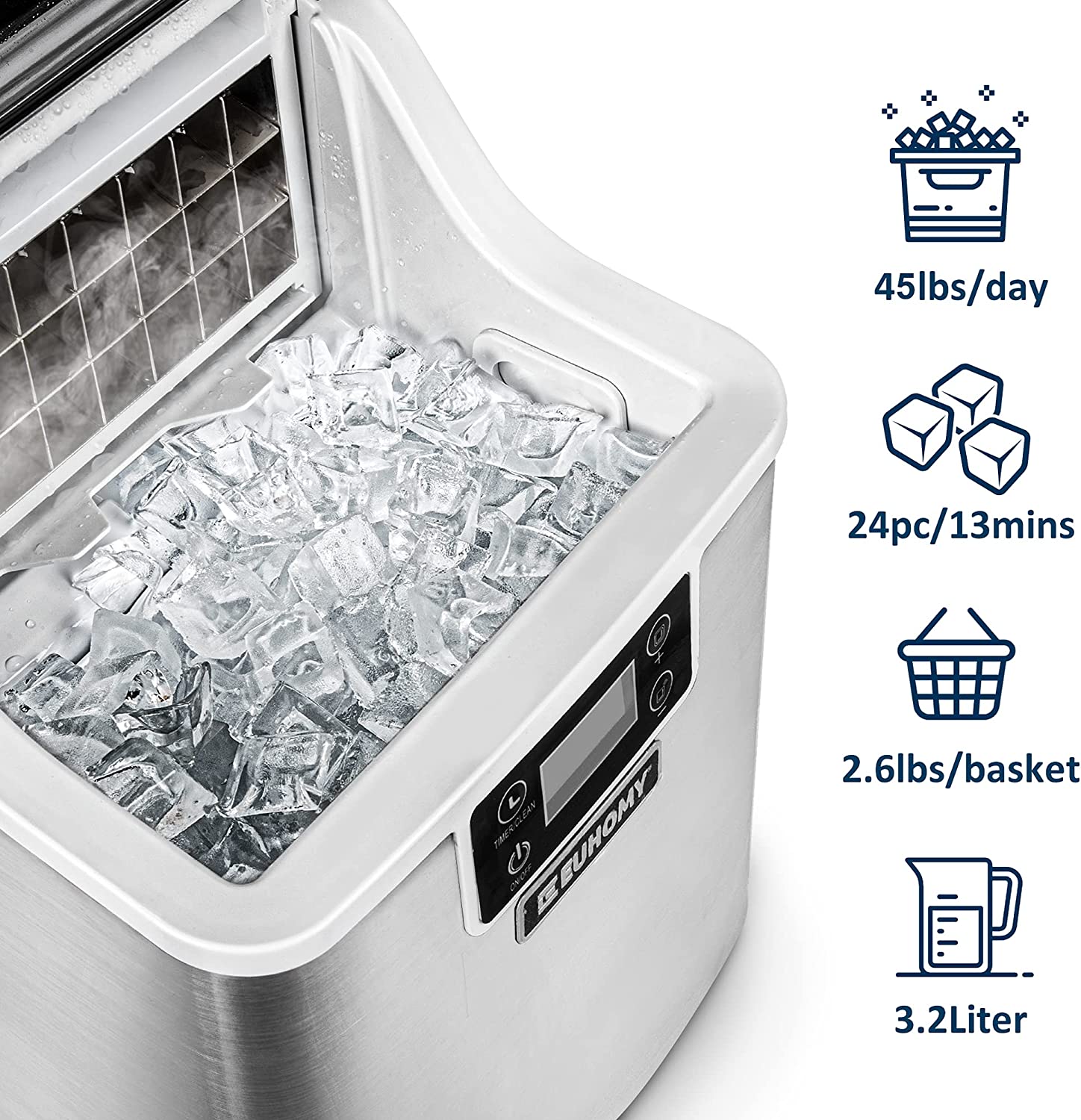 EUHOMY Ice Maker Machine Countertop. 2 Ways to Add Water.45Lbs/Day 24 Pcs Ready in 13 Mins. Self-Cleaning Portable Compact Ice Cube Maker with Ice Scoop & Basket. Perfect for Home/Kitchen/Office/Bar