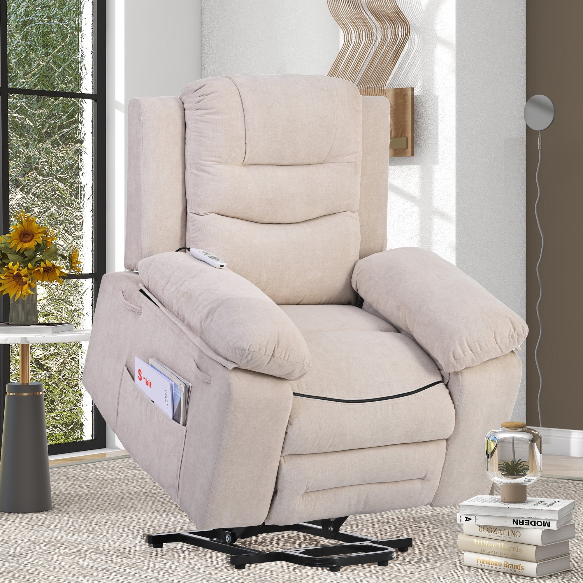 EUROCO 39.8″W Power Lift Recliner Chair Recliners for Elderly with Heat. Vibration and Massage Recliner Chair for Living room with Side Pocket. Infinite Position.Beige