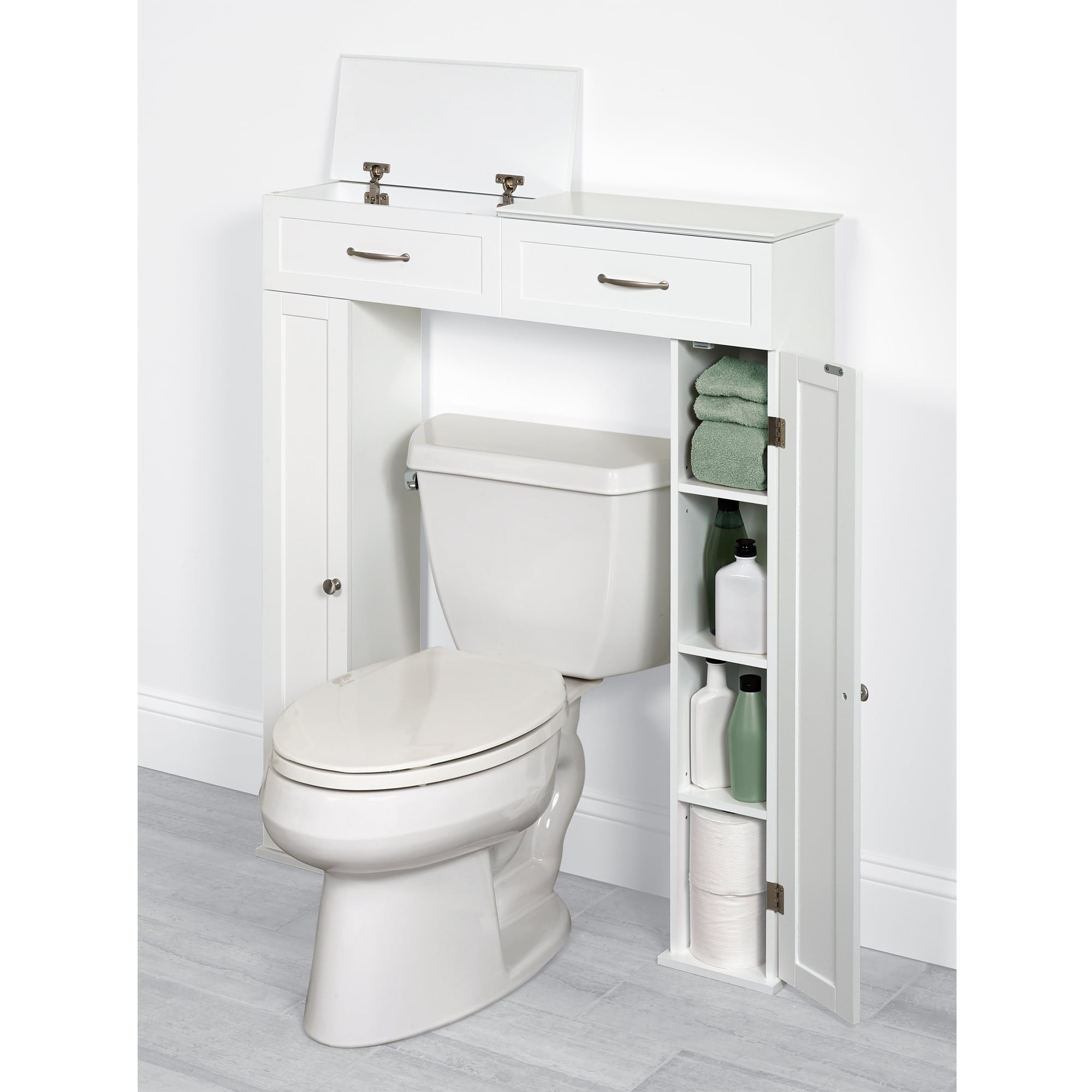 Zenna Home Lift Top Bathroom Storage Console Cabinet with 8 Shelves. White