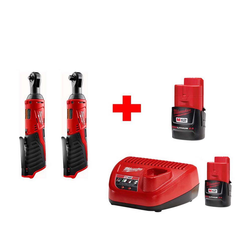 Milwaukee 2456-20-2457-20-48-59-2420-48-11-2420 M12 12V Lithium-Ion Cordless 1/4 in. Ratchet and 3/8 in. Ratchet Combo Kit (2-Tool) W/ (2) 2.0Ah Batteries