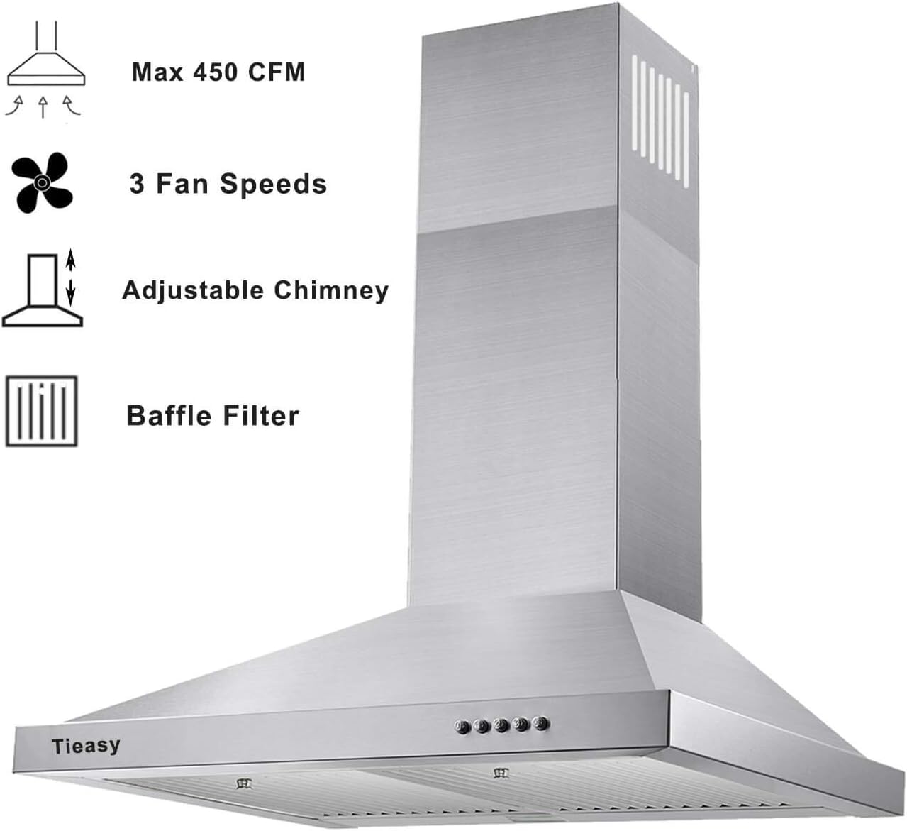 Tieasy Range Hood. Range Hoods 30 inch Stainless Steel. 450 CFM Kitchen Hood with LED Light Baffle Filters. 3 Speed Exhaust Fan Vent Hood