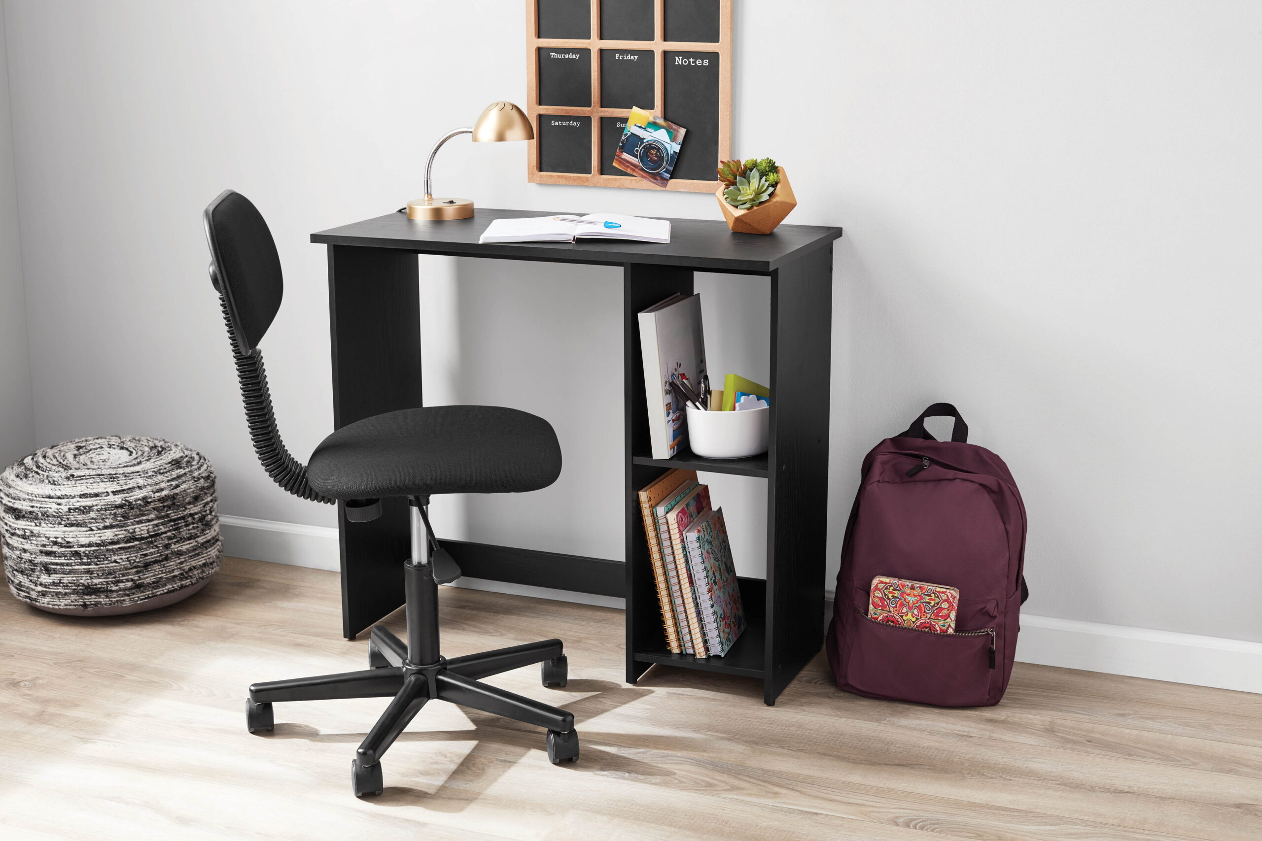 Mainstays Small Space Writing Desk with 2 Shelves. True Black Oak Finish