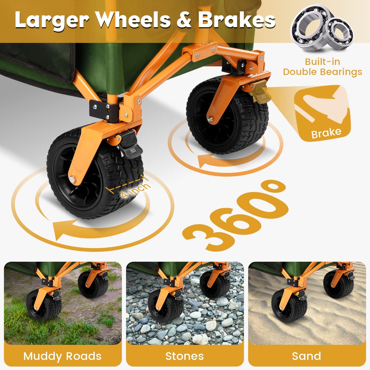 Calanofin Collapsible Folding Wagon Cart Utility 180L Portable Heavy Duty Garden Cart with All-Terrain Beach Wagon with Big Wheels