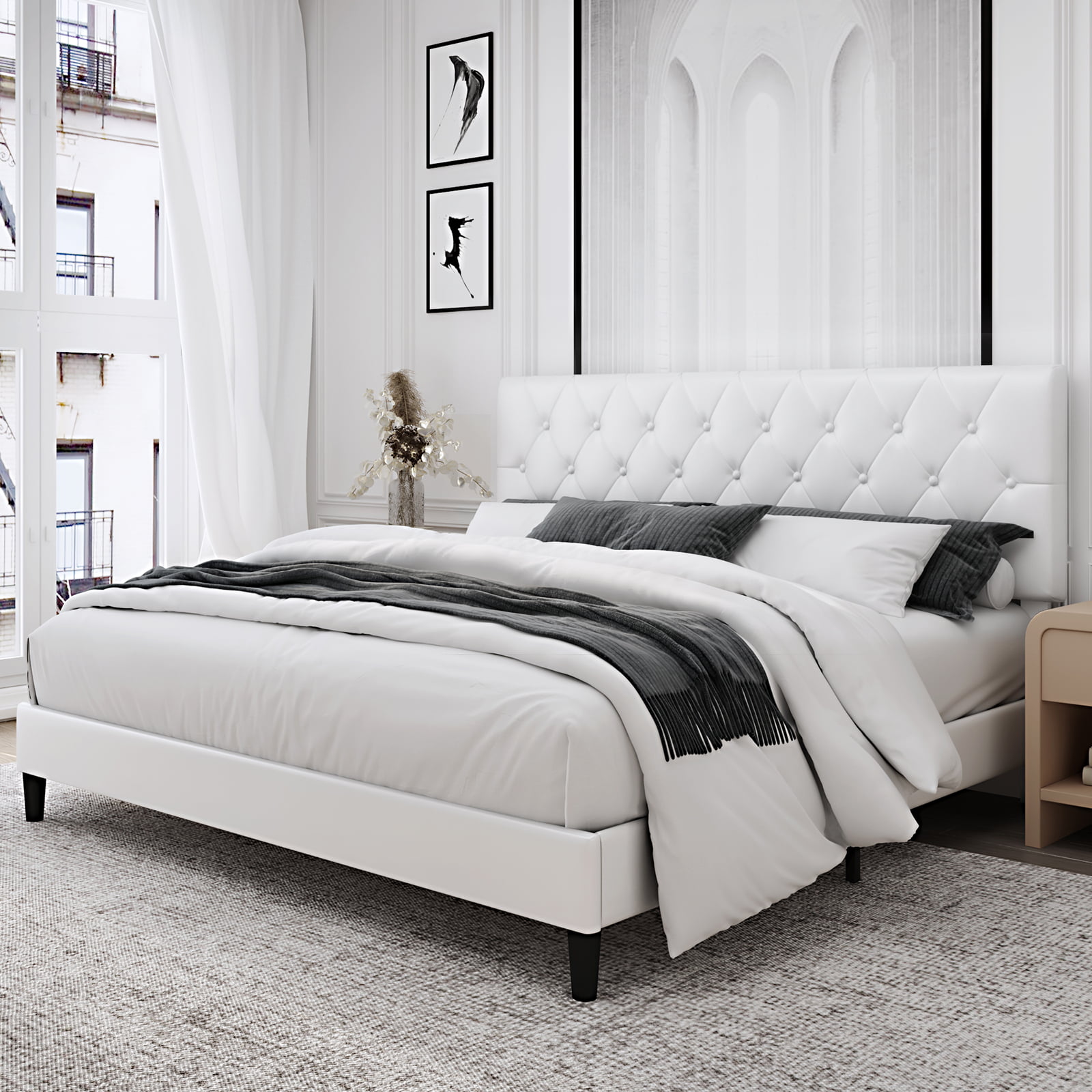 Homfa King Bed Frame. White Faux Leather Upholstered Button Tufted Low Profile