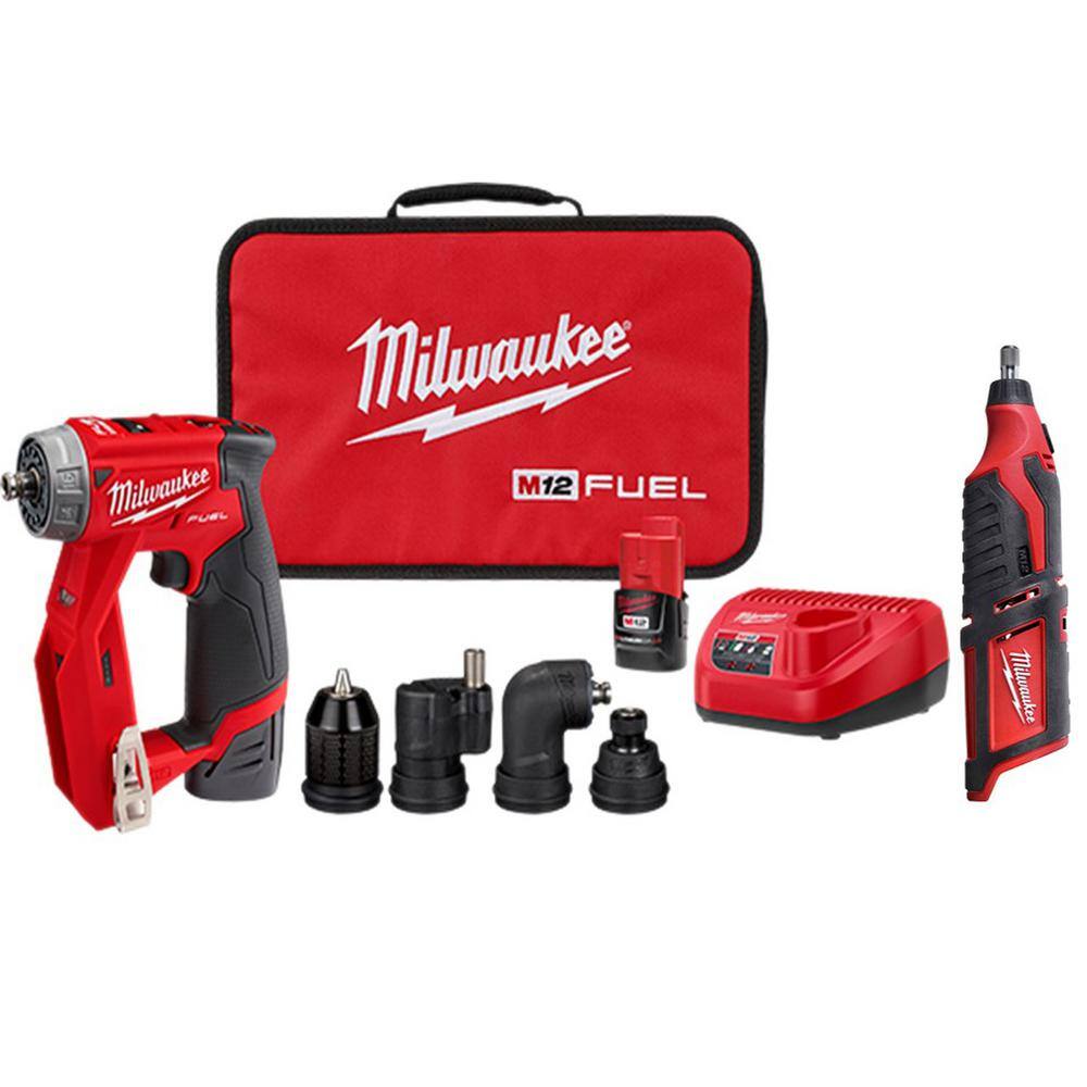 Milwaukee 2505-22-2460-20 M12 FUEL 12V Lithium-Ion Brushless Cordless 4-in-1 Installation 3/8 in. Drill Driver Kit with M12 Rotary Tool