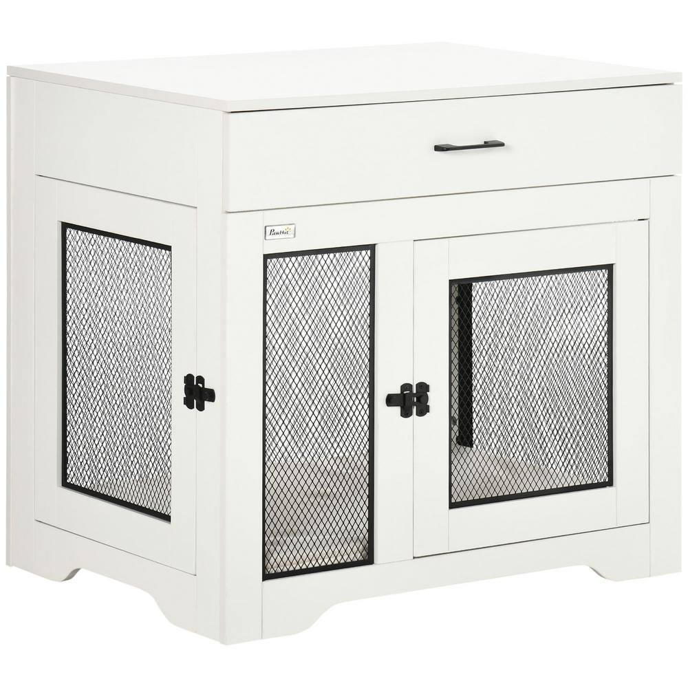 PawHut D02-133V00WT Dog Crate Furniture with Soft Water-Resistant Cushion. Dog Crate End Table with Drawer. White