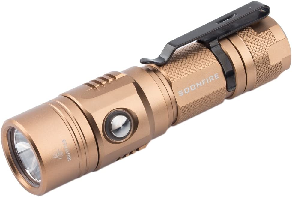 Soonfire Cree LED 1000 Lumens Flashlight. Rechargeable Waterproof Compact EDC Law flashlights. Gold