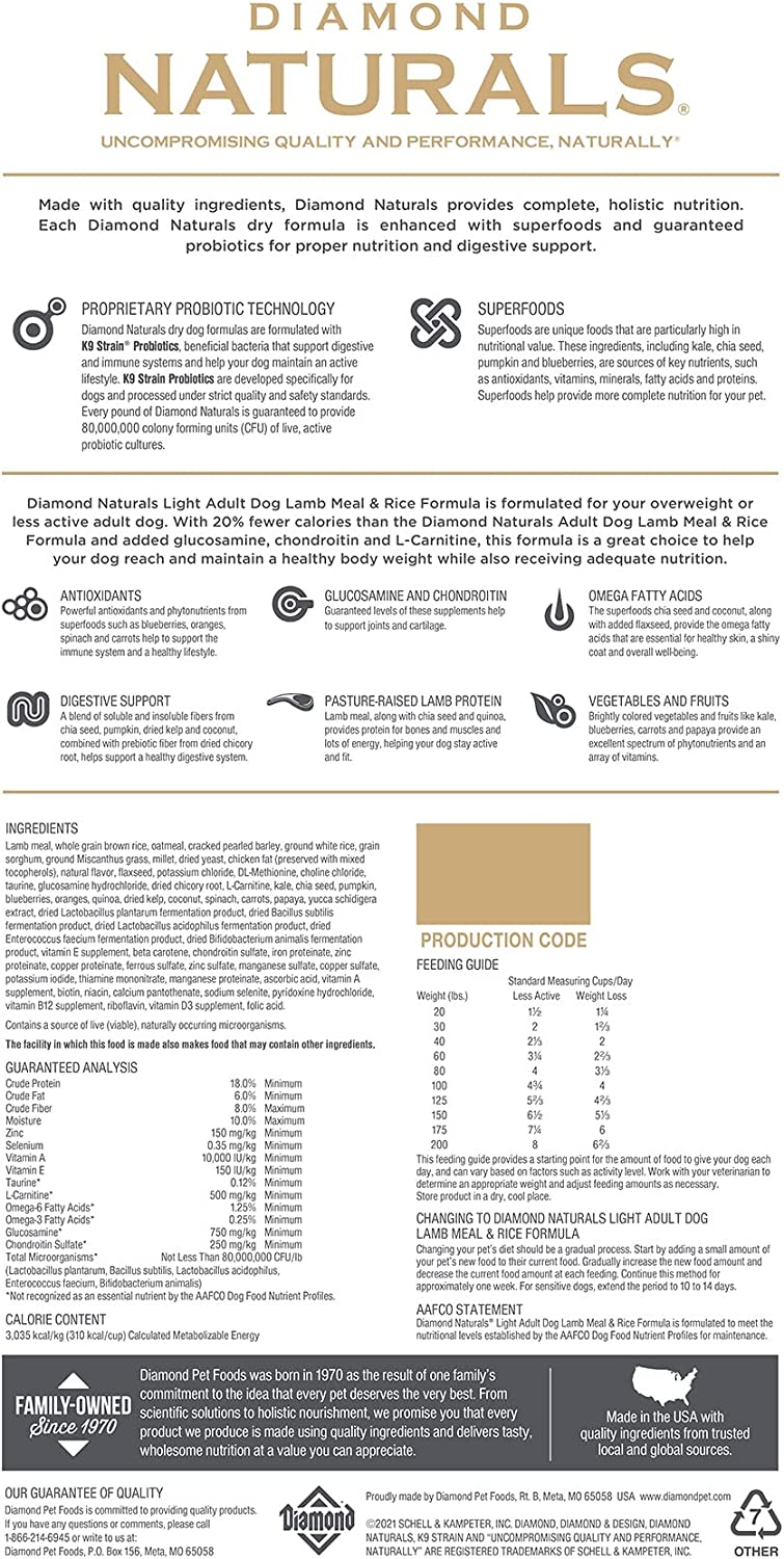 Diamond Naturals Pet Foods Naturals Lite - Lamb & Rice - 30 lb