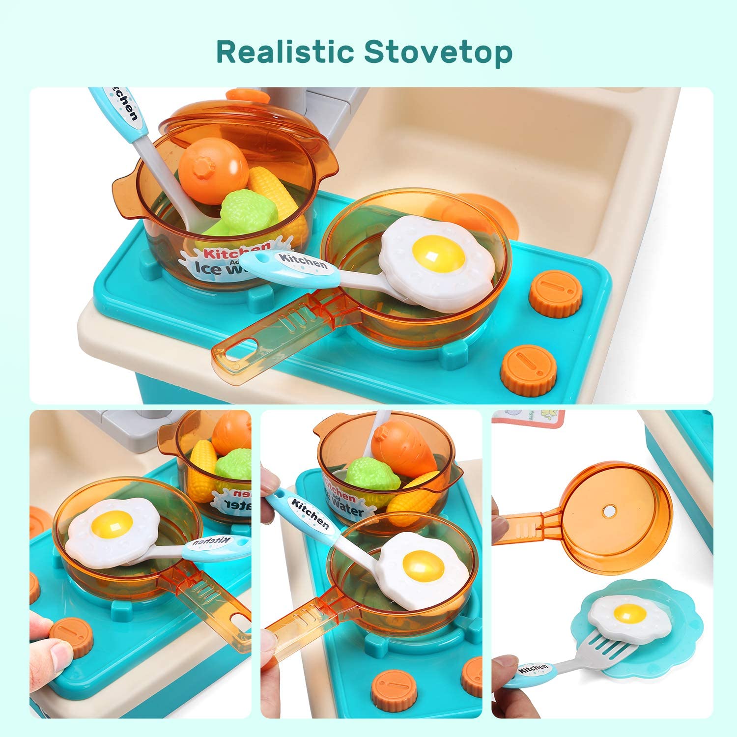 CUTE STONE Play Kitchen Sink Toys with Upgraded Real Faucet. Play Cooking Stove. Cookware Pot and Pan.Play Food. Color Changing Dishes Accessories for Boys Girls Toddlers