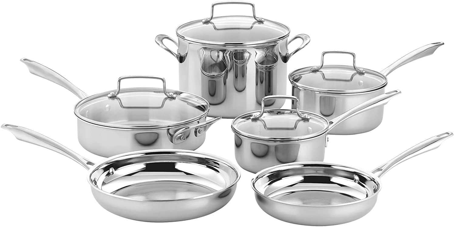 Cuisinart TPS-10 Professional Performance Tri-Ply 10-Piece Classic Cookware Set. Heat Surround Technology. Drip Free Pouring with Cool Grip Handles. Stainless Steel