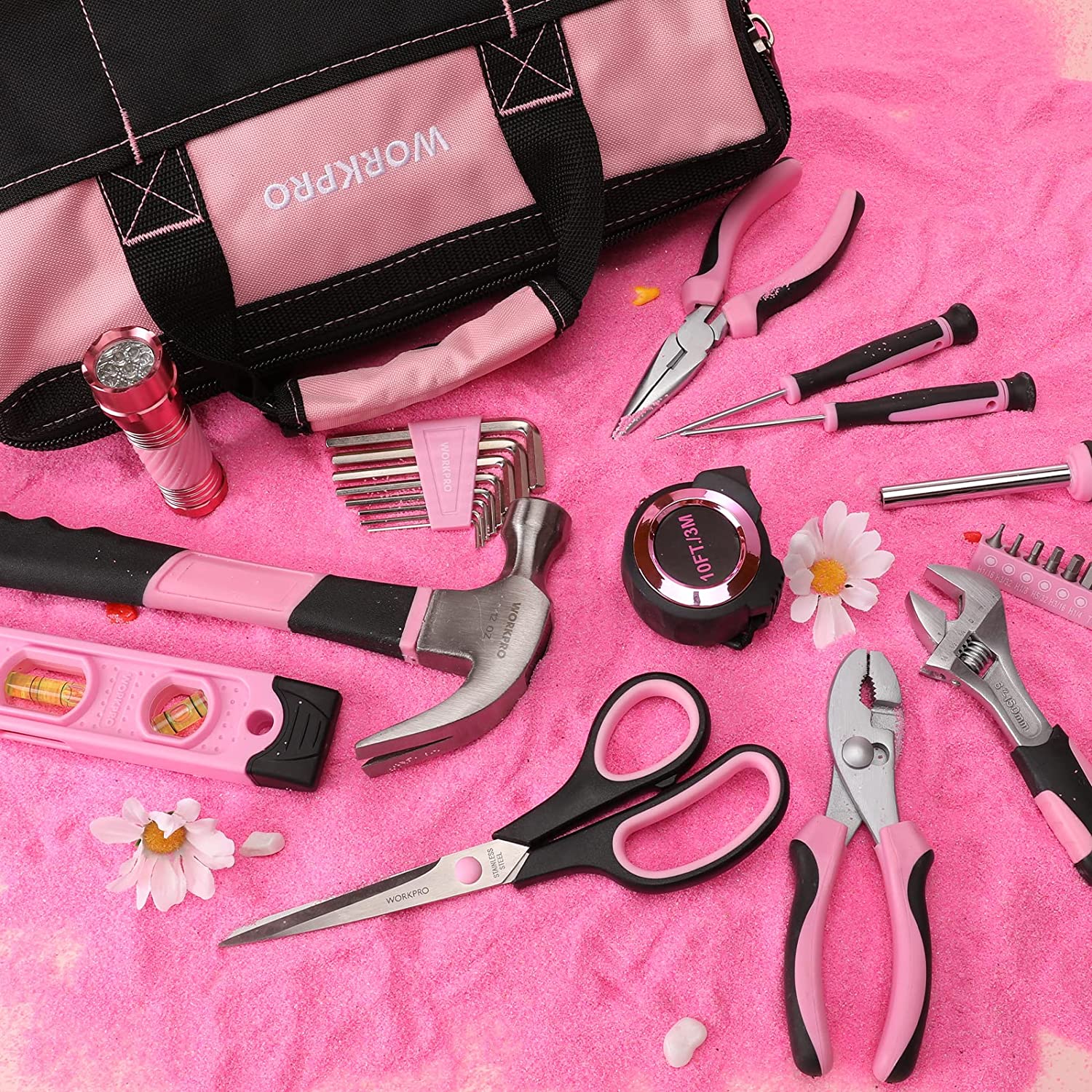 WORKPRO W009062A Pink Tool Kit. Home Repairing Tool Set with Wide Mouth Open Storage Bag. Household Tool Kit - Pink Ribbon