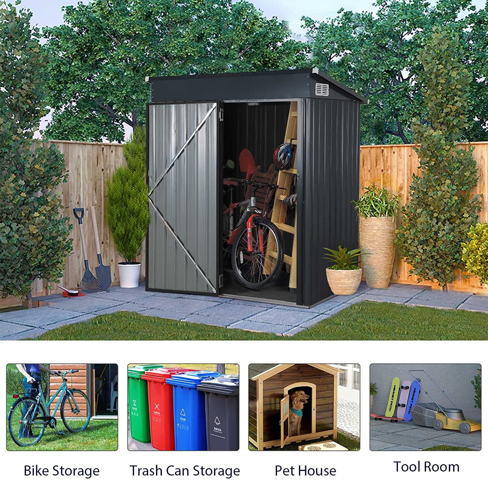 Outdoor Storage Shed. 5-x3′ Small Galvanized Metal Steel Weather Resistant Garden Storage Shed W/Lockable Door. Tool Storage Shed for Backyard Garden Patio Lawn. Black