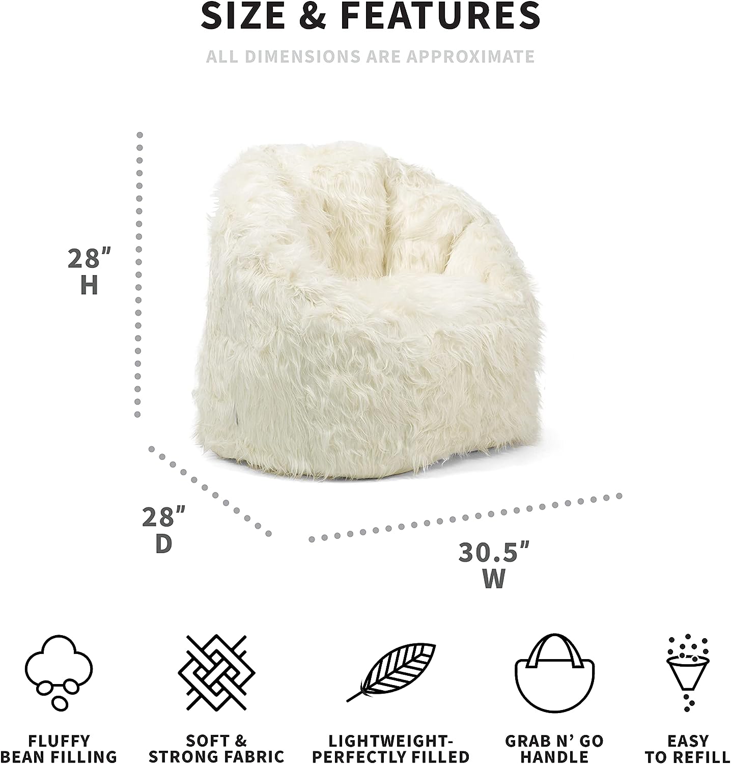 Big Joe Milano Bean Bag Chair. Ivory Shag Fur. Soft Faux Fur. 2.5 feet