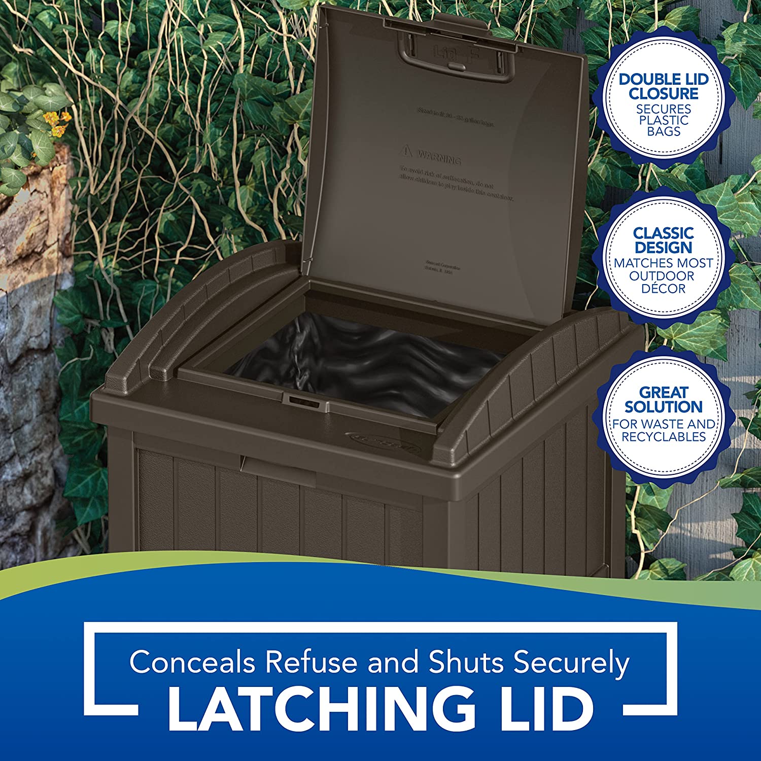 Suncast 33 Gallon Can Resin Outdoor Trash Hideaway with Lid Use in Backyard. Deck. or Patio. Brown