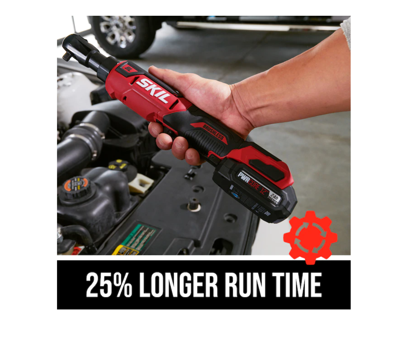 SKIL PWR CORE 12 Brushless 12V 3/8 Inch Ratchet Wrench Kit Includes 2.0Ah Lithium Battery and PWR JUMP Charger. RW5763A-10