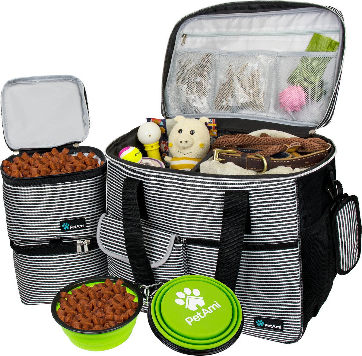 PetAmi Cat & Dog Travel Bag | Food Container Bag and Collapsible Bowl (Stripe Black. Large)