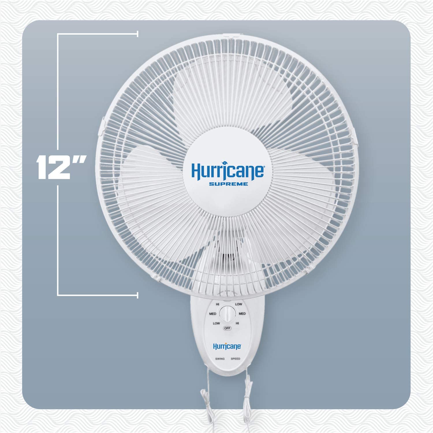 Hurricane Supreme 12 Inch Oscillating Wall Mount Fan with 3 Speed Settings and 90 Degree Oscillation. White