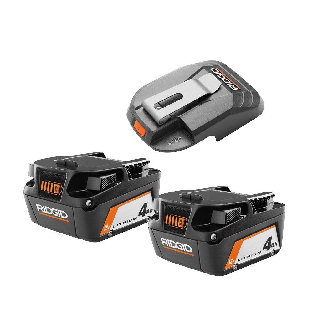 RIDGID AC86072B-AC87004P 18V USB Portable Power Source with Activate Button Kit with (2) 18V 4.0 Ah Lithium-Ion Batteries
