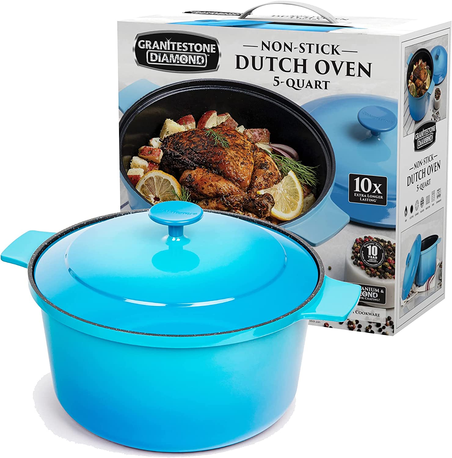 Granite Stone 5Qt Dutch Oven Ultra-Durable Mineral & Diamond Nonstick Coating Dutch Oven Blue
